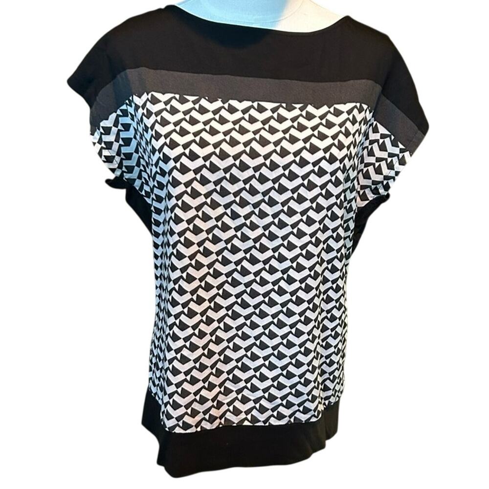 New York & Company Mixed Media Pleated Stretch Top Black M